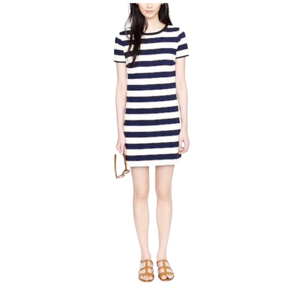 J Crew Dress Womens XS Crew Neck Mini Shift Short Sleeve Rugby Stripe Blue White